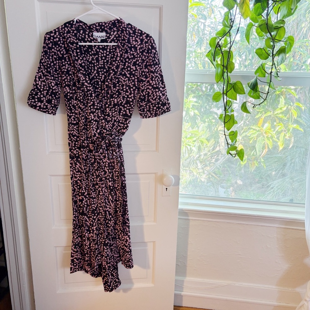 Ganni Black and Pink Floral Wrap Dress